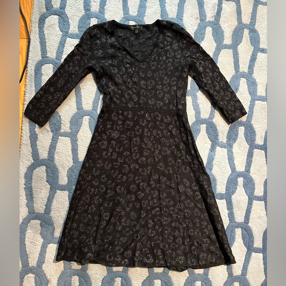 Donna Karan Black and Silver Leopard Print Midi Dress